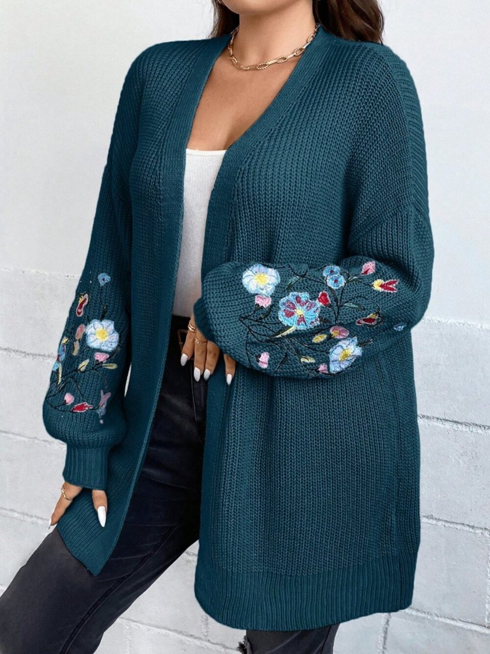Blue Casual Women's Floral Embroidered Drop Shoulder Cardigan